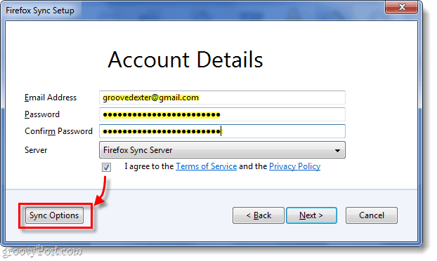 firefox sync account details entry, sync options button